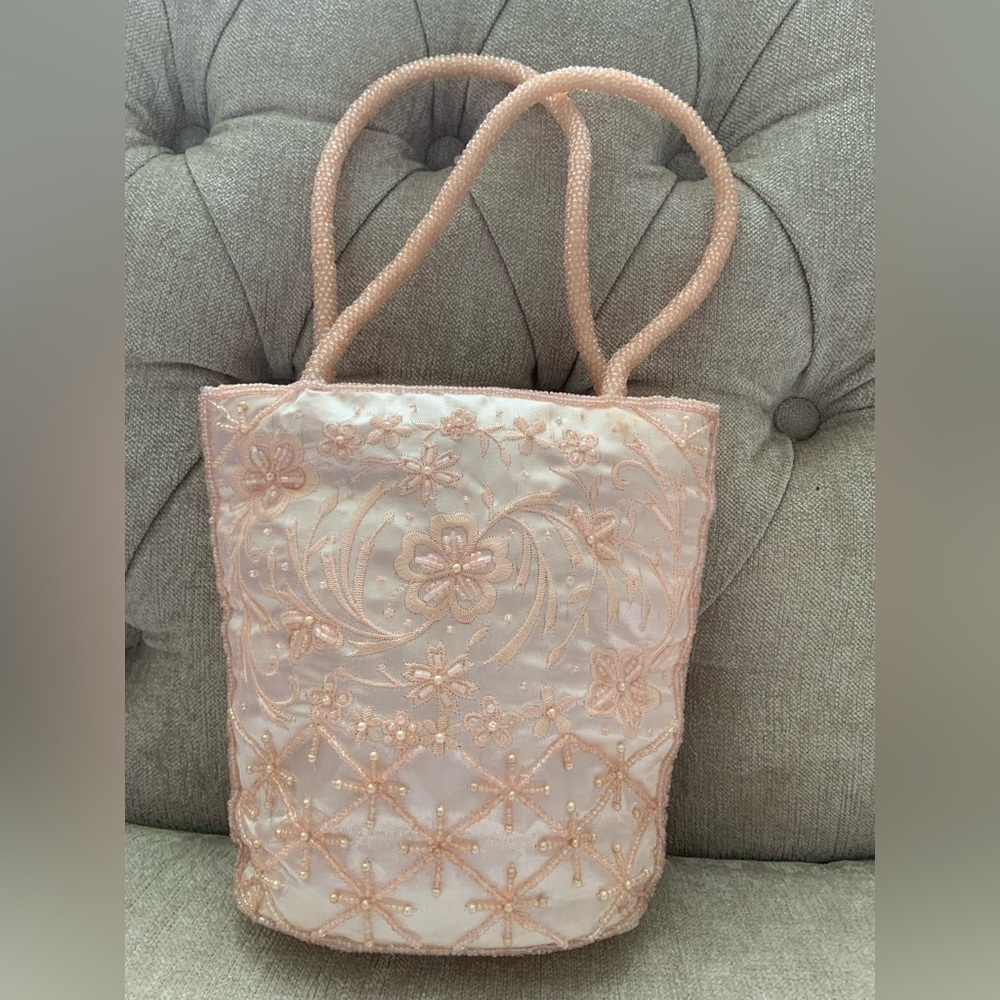 Beaded Floral Embroidered Tote Bag - Pink